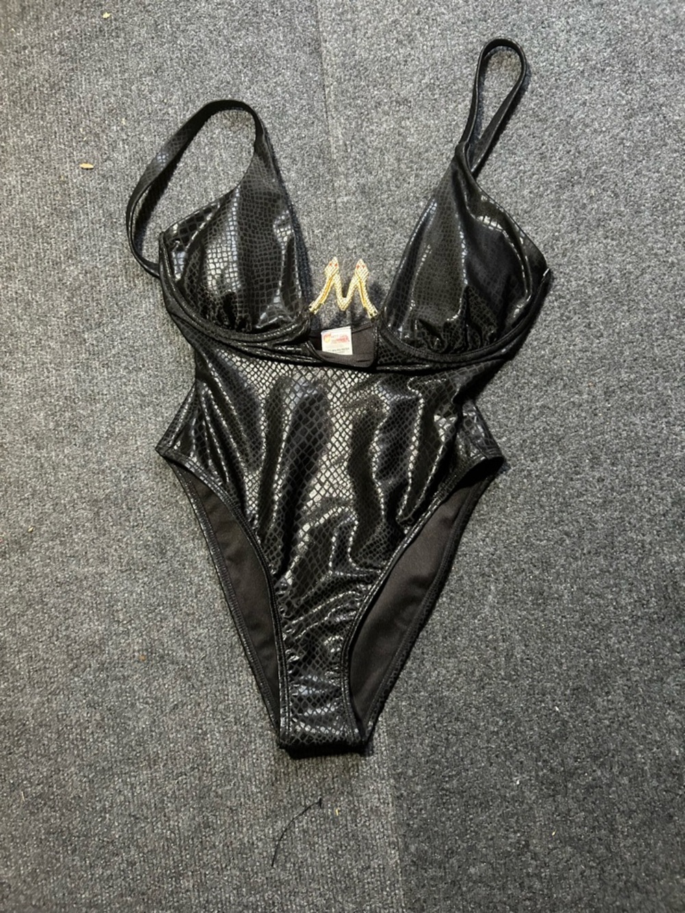 Black Shiny Faux-Snakeskin One-Piece Swimsuit